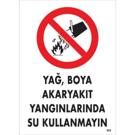 Yağ, Boya,  Akaryakıt Yangınlarında Su Kullanmayın Uyarı Levhası